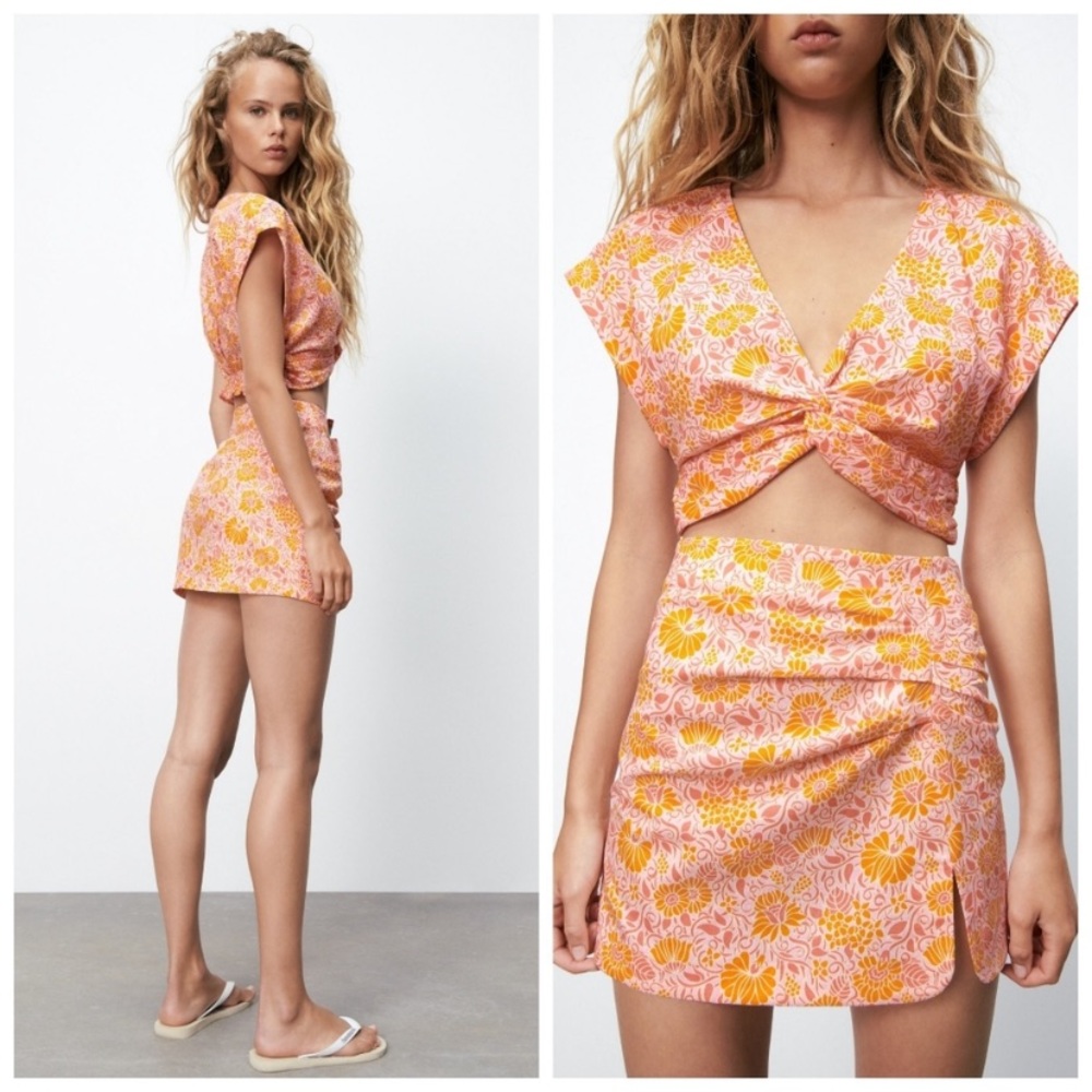 Zara Linen Blend Floral Crop Top And Mini Skirt Bloggers Favorite  S/L